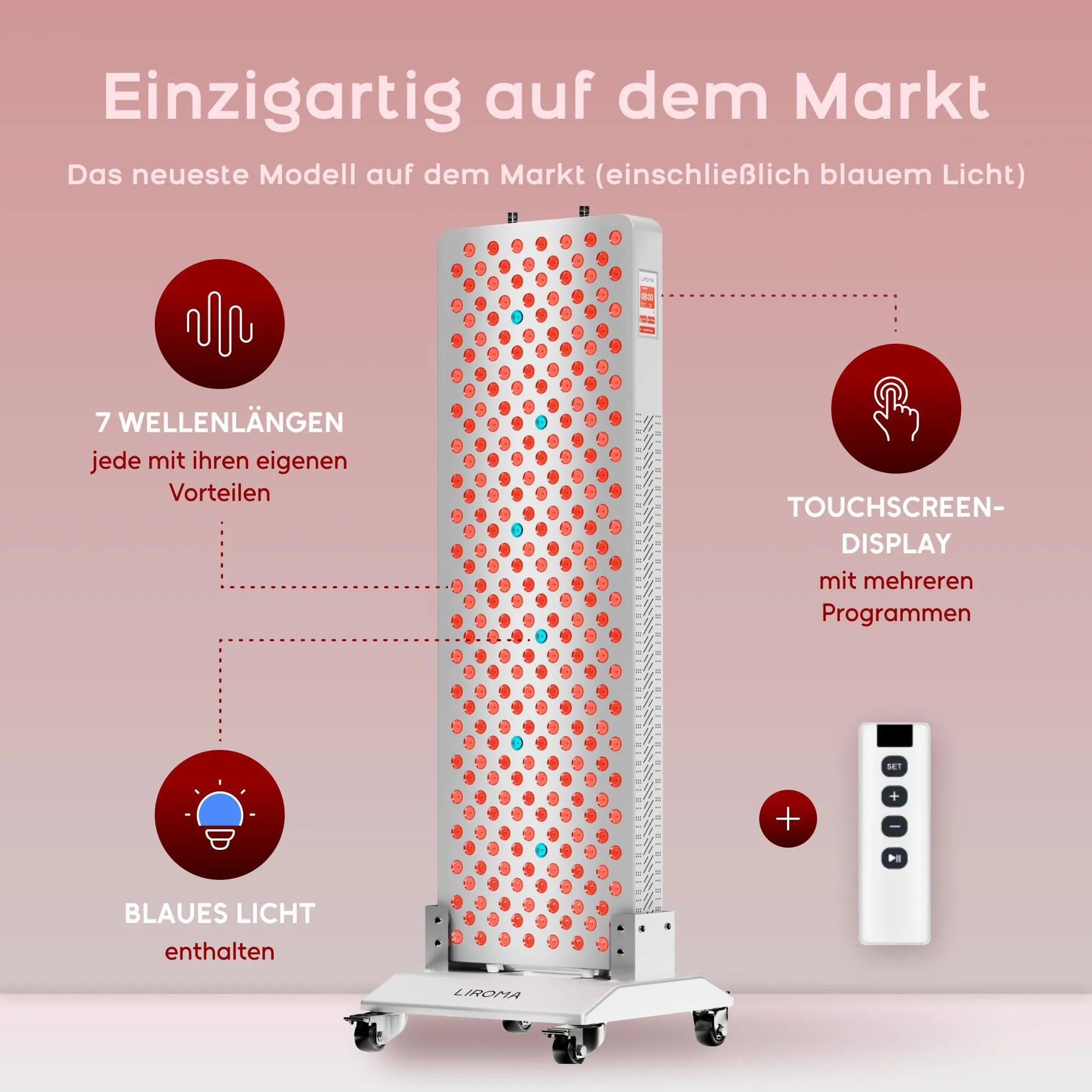 LIROMA® Rotlichttherapie RL300 - 7 Wellenlängen - LED-Infrarotlampe - Infrarottherapie - Lichttherapie - Kollagenlampe - Fibromyalgie