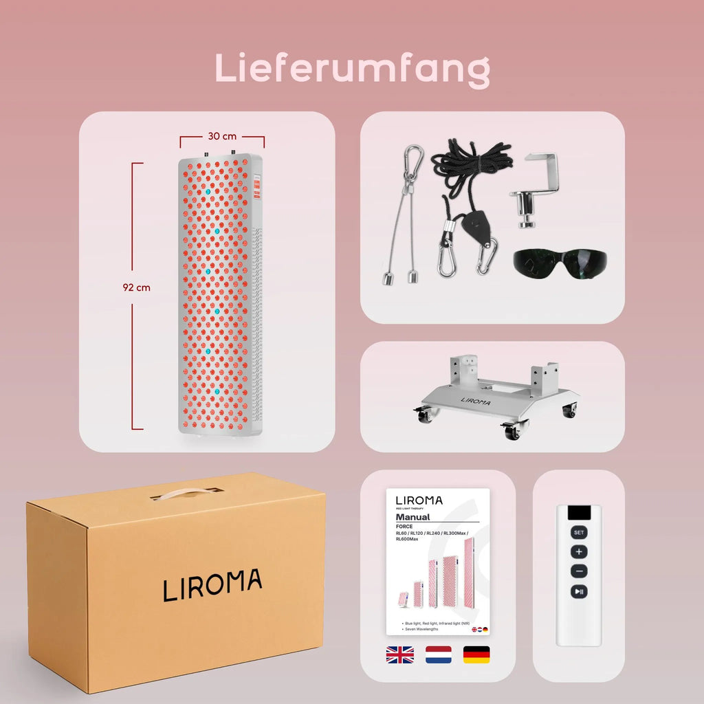 LIROMA® Rotlichttherapie RL300 - 7 Wellenlängen - LED-Infrarotlampe - Infrarottherapie - Lichttherapie - Kollagenlampe - Fibromyalgie